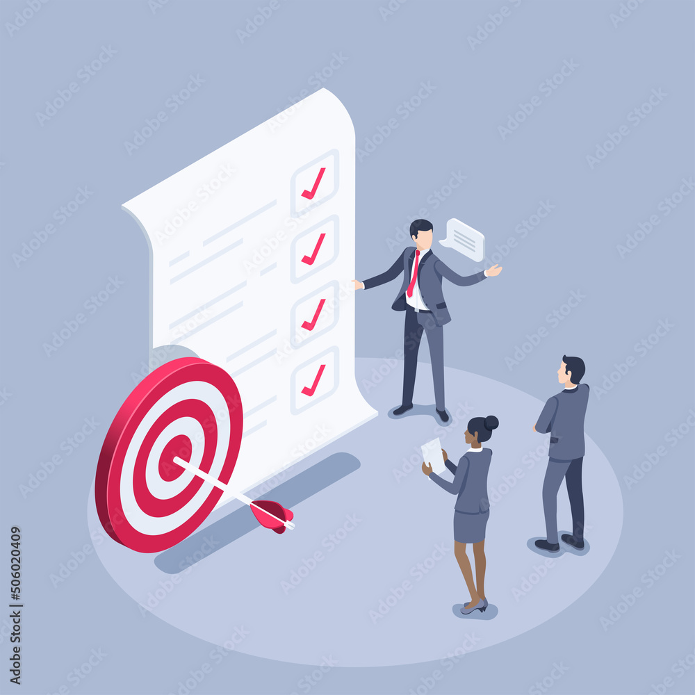 Aufkleber isometric vector illustration on a gray background, people in business suits near a paper sheet with