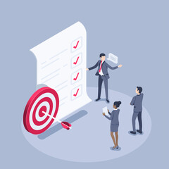 isometric vector illustration on a gray background, people in business suits near a paper sheet with marked points of the plan and a target with an arrow, the successful implementation of the plan