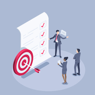 Isometric Vector Illustration On A Gray Background, People In Business Suits Near A Paper Sheet With Marked Points Of The Plan And A Target With An Arrow, The Successful Implementation Of The Plan