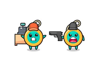illustration of the cute yoyo as a cashier is pointed a gun by a robber