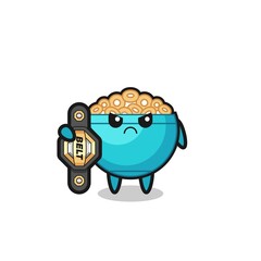 cereal bowl mascot character as a MMA fighter with the champion belt
