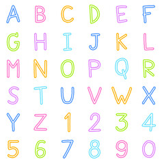 Cute Children Kids Font Letter Cartoon Style Hand Drawing Drawn Colorful All Cap English Alphabet Numeric Number Character Thin Line Doodle Set Collection Neon isolated vector illustration Background