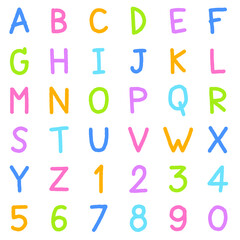 Cute Children Kids Font Letter Cartoon Style Hand Drawing Drawn Colorful All Cap English Alphabet Numeric Number Character San Serif Doodle Set Collection Flat isolated vector illustration Background