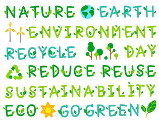 Cute Environmental Go Green Eco Environment Day Leaf Sustainability Recycle Reuse Reduce Word Font Letter Cartoon Hand Drawing Drawn Green Doodle Set Collection isolated vector illustration Icon