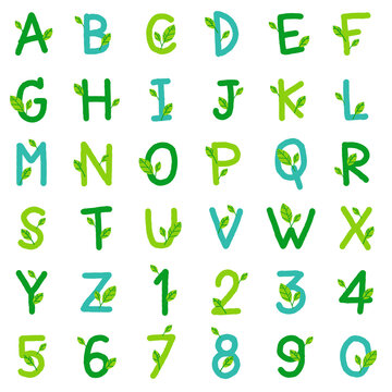 Cute Environmental Green Eco Environment Day Leaf Font Letter Cartoon Style Hand Drawing Drawn Colorful English Alphabet Numeric Number Character Doodle Set Collection isolated vector illustration