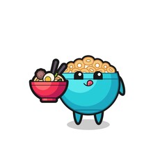 cute cereal bowl character eating noodles