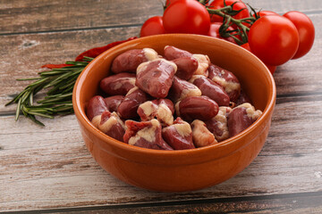 Raw chicken hearts for cooking