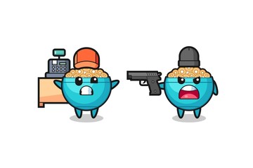 Fototapeta premium illustration of the cute cereal bowl as a cashier is pointed a gun by a robber