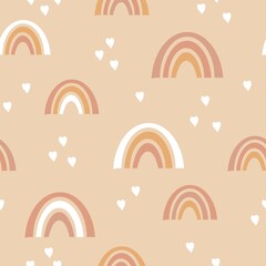 Simple rainbow pattern. cute rainbows and white hearts. beige  background. fashionable print for children's textiles, wallpaper and packaging.