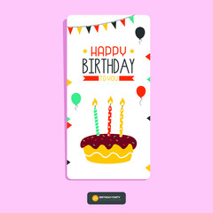 Happy birthday greeting card and party invitation set, vector illustration, hand-drawn style. with cute illustrations and box