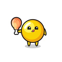 egg yolk cute mascot is eating a fried chicken