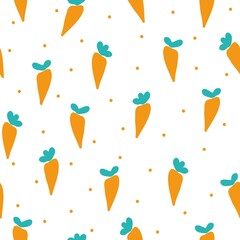 Simple vegetable pattern. small orange carrots and dots. white background. Fashionable print for children's textiles, wallpaper and packaging.
