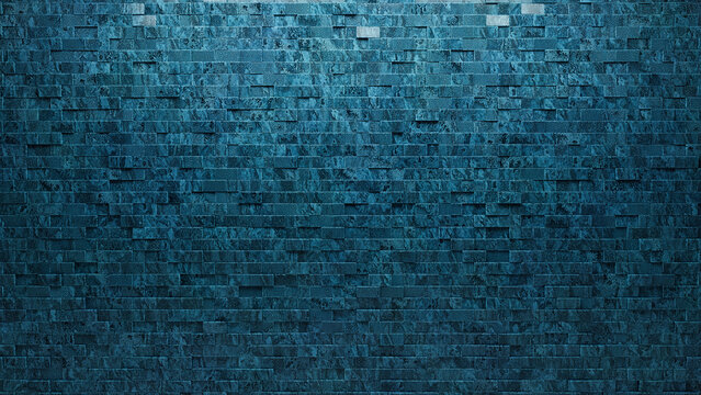 3D, Rectangular Wall background with tiles. Blue Patina, tile Wallpaper with Textured, Polished blocks. 3D Render