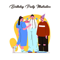happy cartoon people having fun at birthday party vector flat illustration. The concept of friends' characters celebrating a holiday is isolated on white. Collection of festive men and woman