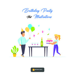 happy cartoon people having fun at birthday party vector flat illustration. The concept of friends' characters celebrating a holiday is isolated on white. Collection of festive men and woman