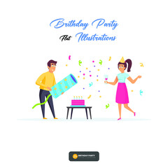 happy cartoon people having fun at birthday party vector flat illustration. The concept of friends' characters celebrating a holiday is isolated on white. Collection of festive men and woman