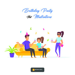 happy cartoon people having fun at birthday party vector flat illustration. The concept of friends' characters celebrating a holiday is isolated on white. Collection of festive men and woman