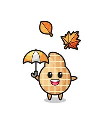 cartoon of the cute peanut holding an umbrella in autumn