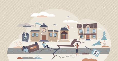 Earthquake destruction and city after nature disaster tiny person concept. Damaged houses, ruined street and cracked road vector illustration. Survival victims after emergency accident or cataclysm.