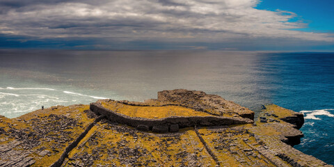 Remains of Black fort on Aran Island. Aerial drone view. County Galway, Ireland. Popular tourist...