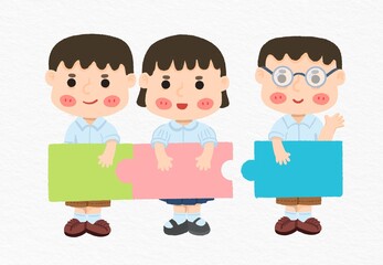 Cute cartoon character set, schoolchildren, thai, male, female, idea, jigsaw