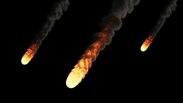 3d Animation of a meteor shower isolated on black with luma matte