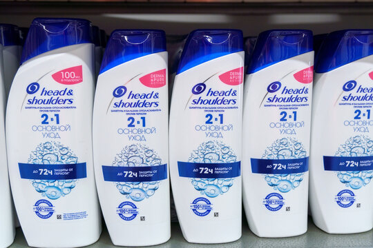 Tyumen, Russia-April 14, 2022: Head and Shoulders shampoo in hair care products line in supermarket. Selective focus