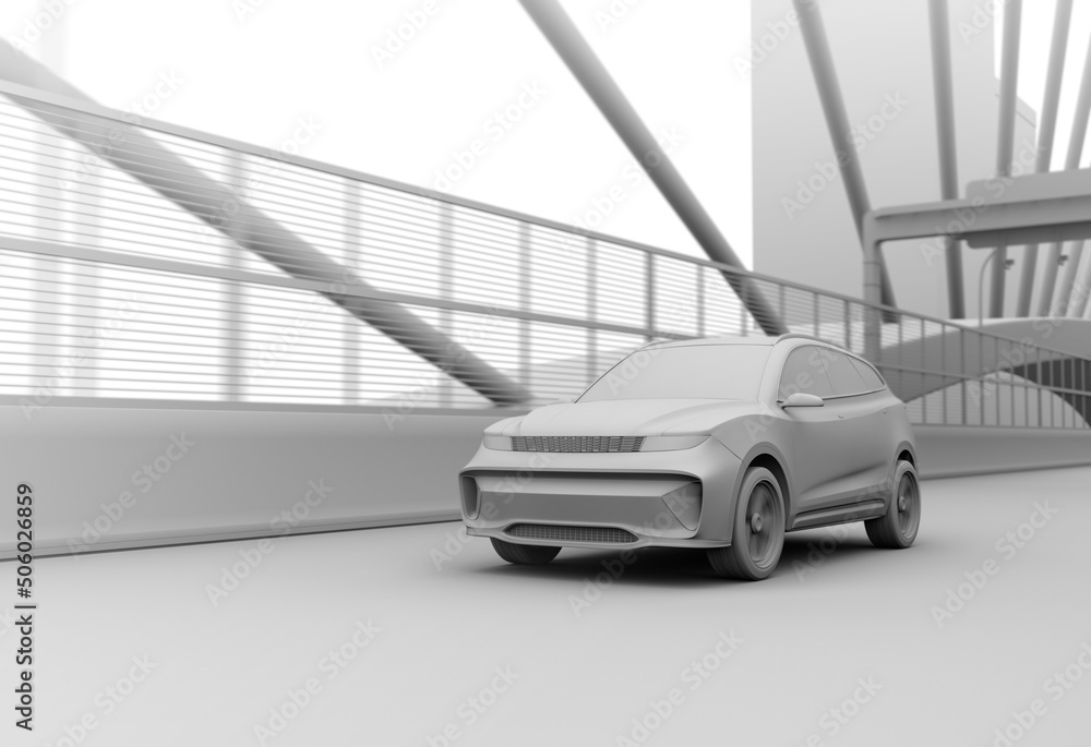 Aufkleber clay rendering of electric suv driving on the highway bridge. 3d rendering image.