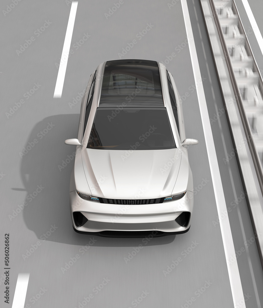 Poster front view of silver electric suv driving on the highway. 3d rendering image.