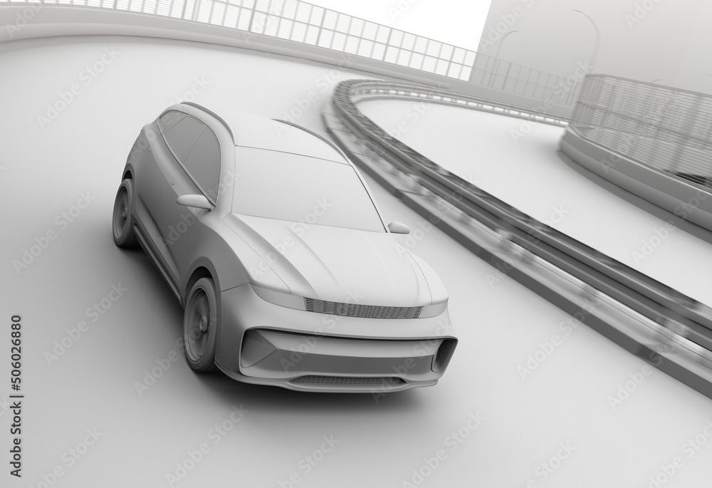 Aufkleber clay rendering of electric suv driving on the highway. 3d rendering image.