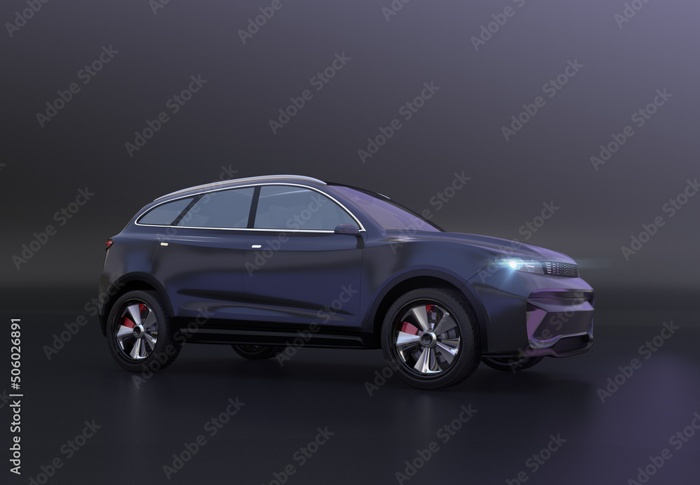 Poster stuido rendering of electric suv on black background. 3d rendering image.