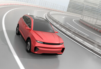 Fototapeta na wymiar Red electric SUV driving on the highway. 3D rendering image.