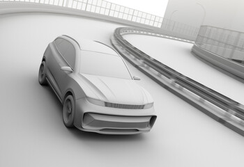 Clay rendering of electric SUV driving on the highway. 3D rendering image.