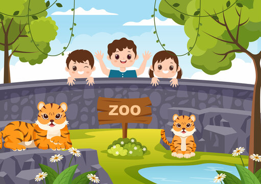 Zoo Cartoon Illustration with Safari Animals Lion, Tiger, Cage and Visitors on Territory on Forest Background Design