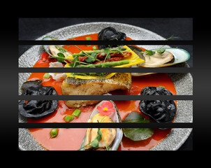 Fried pike-perch fillet with mussels and asparagus