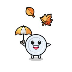 cartoon of the cute plate holding an umbrella in autumn
