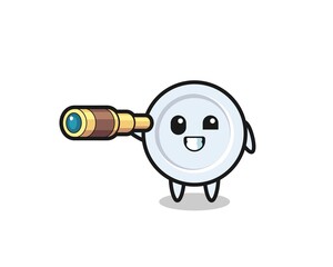 cute plate character is holding an old telescope