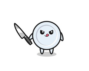 cute plate mascot as a psychopath holding a knife