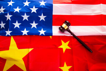 Trade tension between USA and China. Economy conflict, US tariffs on exports, trade frictions.