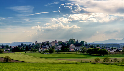view of the picturesque and historic town of Avenches in western Switzerland