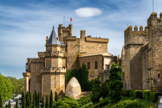 view of the Palacio Real de Olite castle in the old city center of Olite
