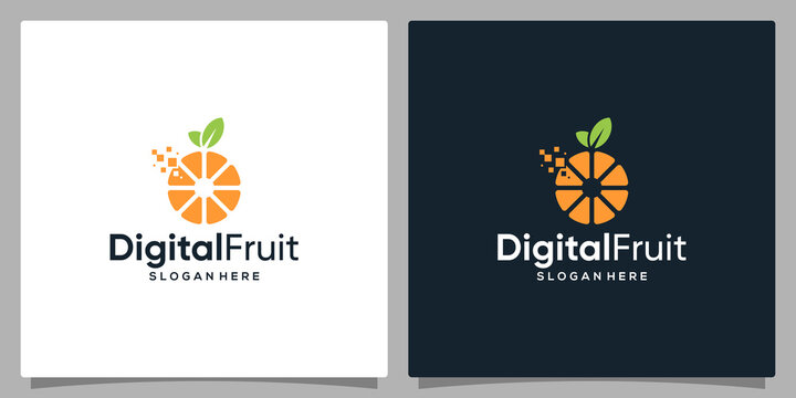 Logo design template orange digital. Logo orange fruit with digital pixel. Premium vector