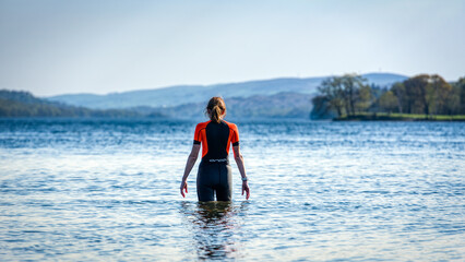 Coniston, United Kingdom - 21st April 2022 : Preparing to swim