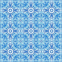 Blue white watercolor azulejos tile background. Seamless coastal geometric floral mosaic effect. Ornamental arabesque all over summer fashion damask repeat