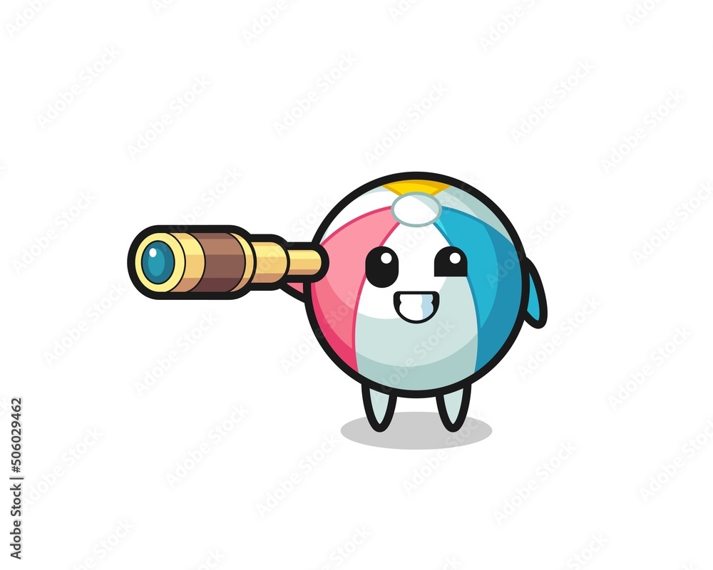 Poster cute beach ball character is holding an old telescope