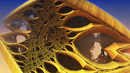 Alien planet render, abstract bacground 3D mysterious organic structures, life forms and remains of an ancient civilization, sci fi  render illustration. 
