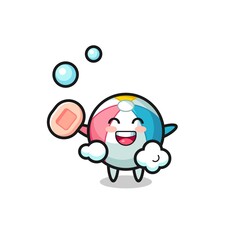 beach ball character is bathing while holding soap