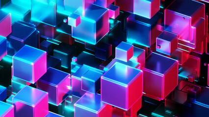 Abstract background 3D, many cubes with neon purple blue glow on black interesting science technology background, 3D render illustration. - obrazy, fototapety, plakaty