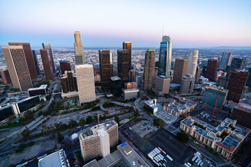 The downtown Los Angeles California and the city traffic at dusk