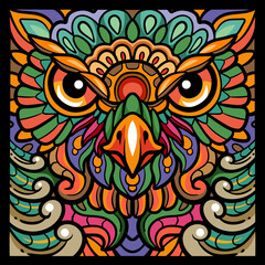 Colorful owl face zentangle arts. isolated on black background.